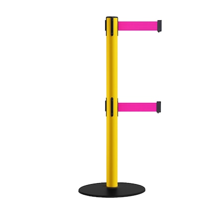 Montour Line Retractable Dbl Belt 2.5" YW Post , Low Base, 7.5'Fl.Pnk Belt S400D-YW-FPK-75